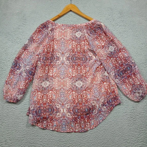 St. John's Bay Women's‎ M Boho Peasant Blouse Red Blue Print Sheer Lined - Picture 2 of 5